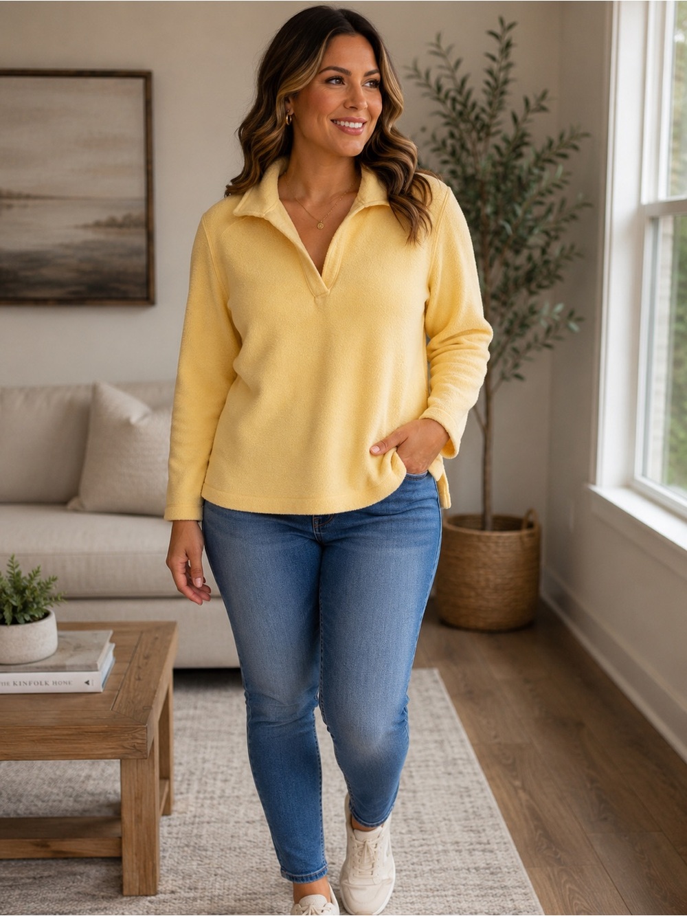 Blair Yellow Split V-Neck Pullover Sweater